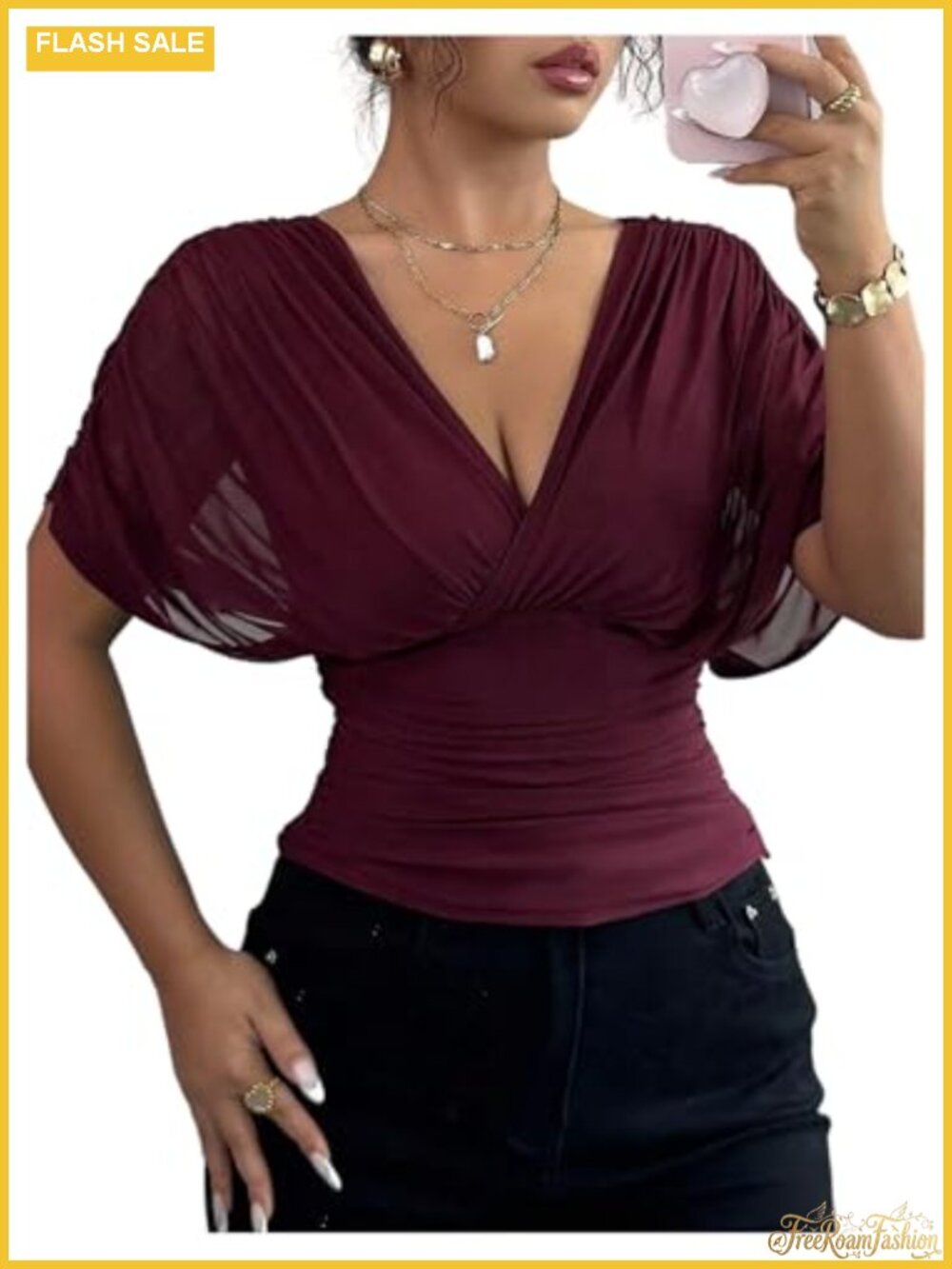 Women's Wrap V-Neck Dolman Sleeve Sheer Mesh Blouse Going Out Top